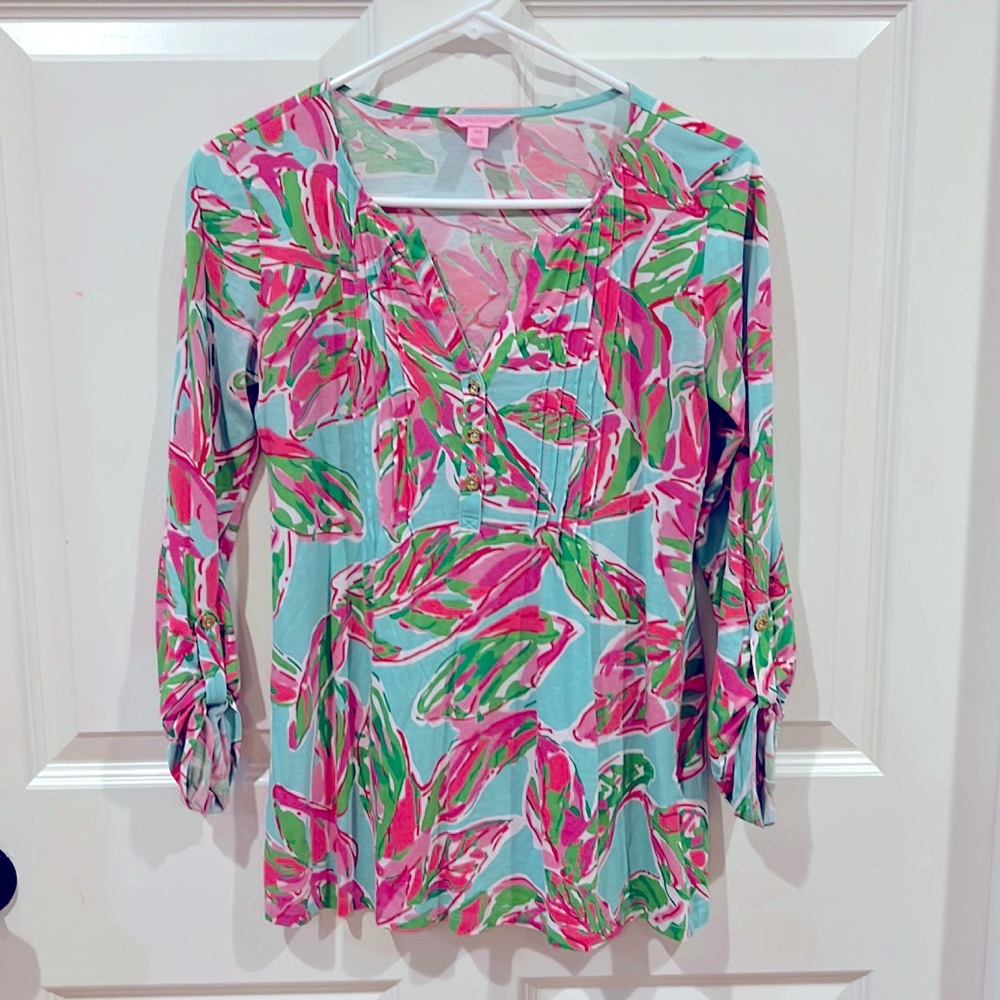 Lilly Pulitzer multi floral turquoise printed jersey top